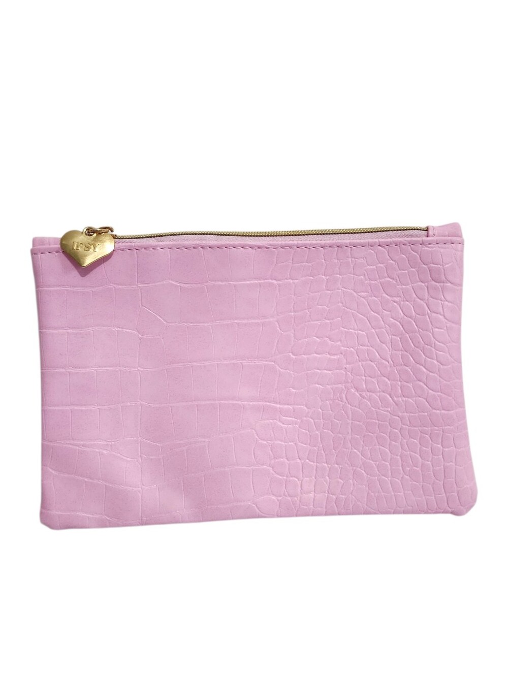 Ipsy Pink Pebled Faux Leather Cosmetic Pouch Gold Heart Zip